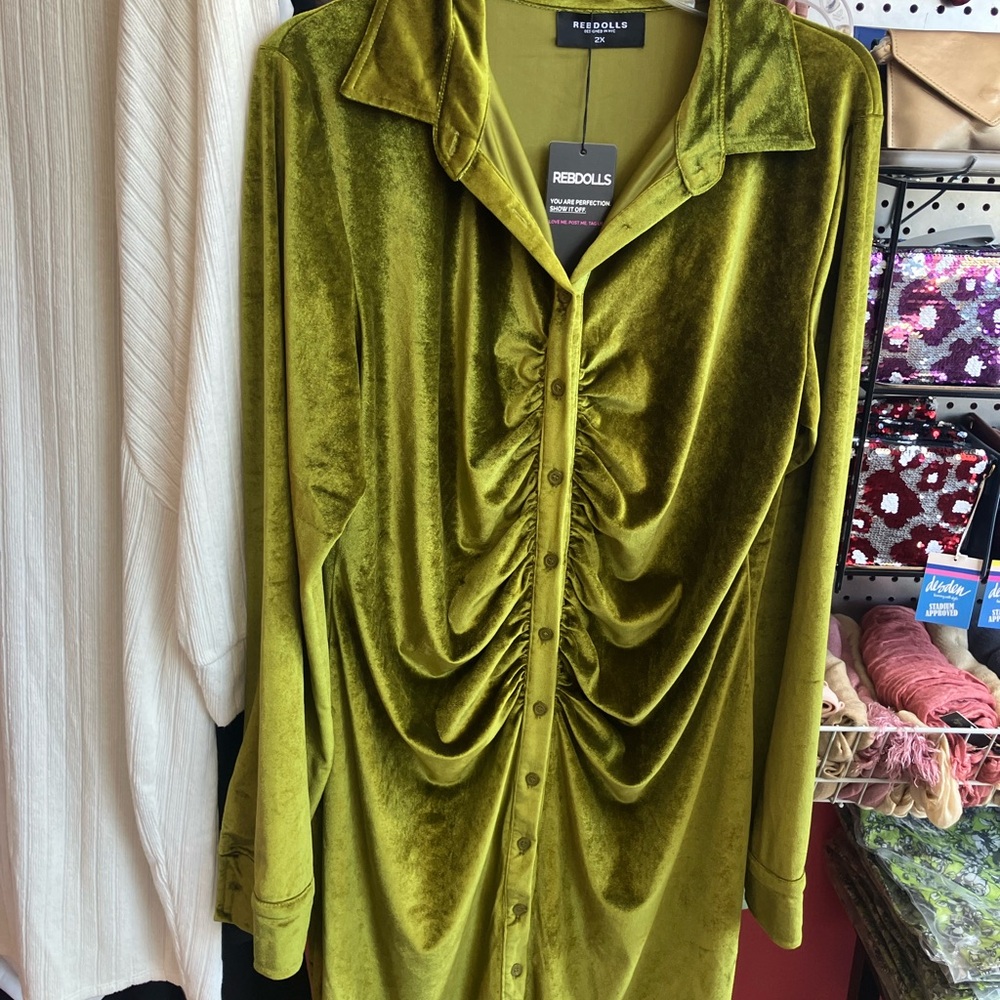 Beautiful velour button down dress with ruching down the front
